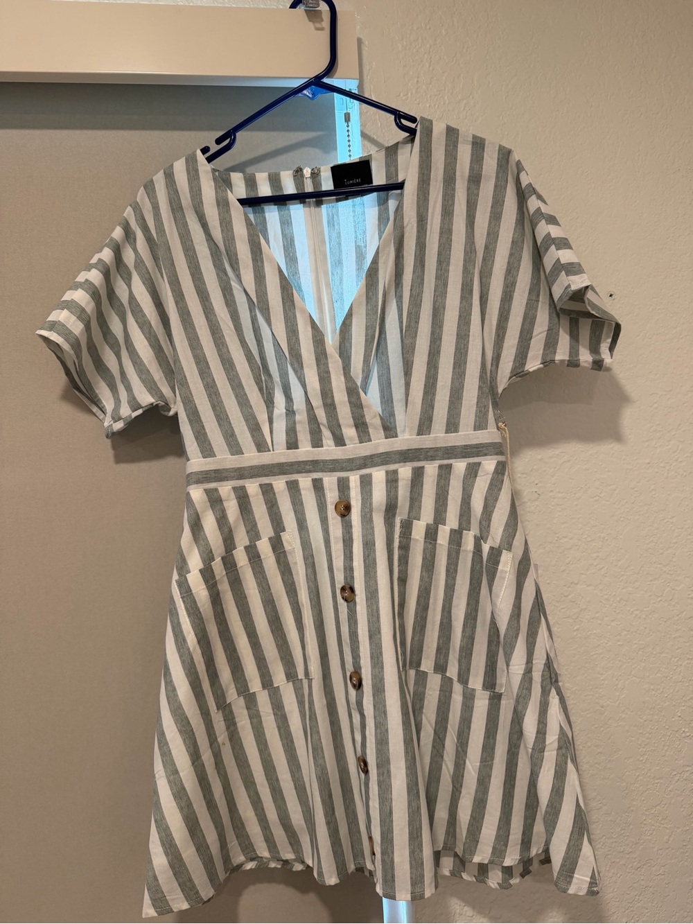 Striped V-Neck Button-Front Dress in Gray and White